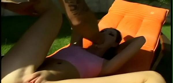  Tattooed dude ordered his young girlfriend Susanna White to squeeze his juice out of her gaping shithole into  the pool after she had been shot in the tail with his mssive tool